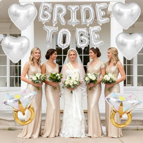 Image of Silver Bachelorette Party Decorations, Silver Bride to Be Banner Heart Balloons with Diamond Ring Foil Balloon, Gold Bride to Be Sash&Veil for Bachelorette Engagement Gift Bridal Shower Party Supplies