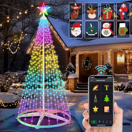 8FT LED Christmas Cone Tree Light, 355LEDs Outdoor Lighted Christmas Tree with Smart APP Control, IP65 RGB Lighted Cone Tree for New Year Decor with IP44 Adapter for Indoor Outside Yard Display