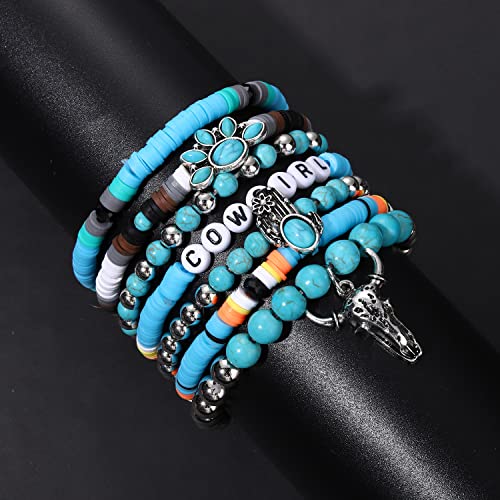 BVGA Western Cowgirl Turquoise Beaded Stretch Bracelets Preppy Heishi Bracelets Set Aztec Turquoise Bull Head Cow Cactus Flower Charm Bohemian Stackable Bracelets Y2K Summer Beach Layering Bracelets Jewelry for Women2
