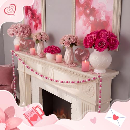 Image of Equsion Wooden Bead Garland with Tassels, Extra Long Fireplace Wood Bead Garlands Rustic Farmhouse Vintage Boho Beads Garland for Party Home Decor Tiered Tray Decorative Beads(Pink)