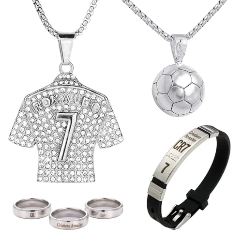 QITHGYD Fußball Geschenke 4-tlg Set, cr7 Trikot Nummer 7 Anhänger und 3D Ball Halskette, Silikon Armband und Ring, Sport Fanartikel kette jungs für Männer und Teenager, Sportlicher Schmuck