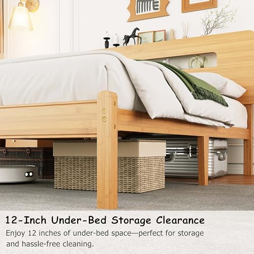 Image of ZIYOO Twin XL Bamboo Bed Frame 14 Inch, Built-in Headboard Storage, Heavy Duty, No Box Spring Needed, Easy Assembly, Noise-Free