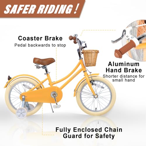 Image of Glerc Little Molly 12-20 Inch Kids Retro Cruiser Bike for 2-13 Year Old with Wicker Basket & Training Wheels /Kickstand, Multiple Colors