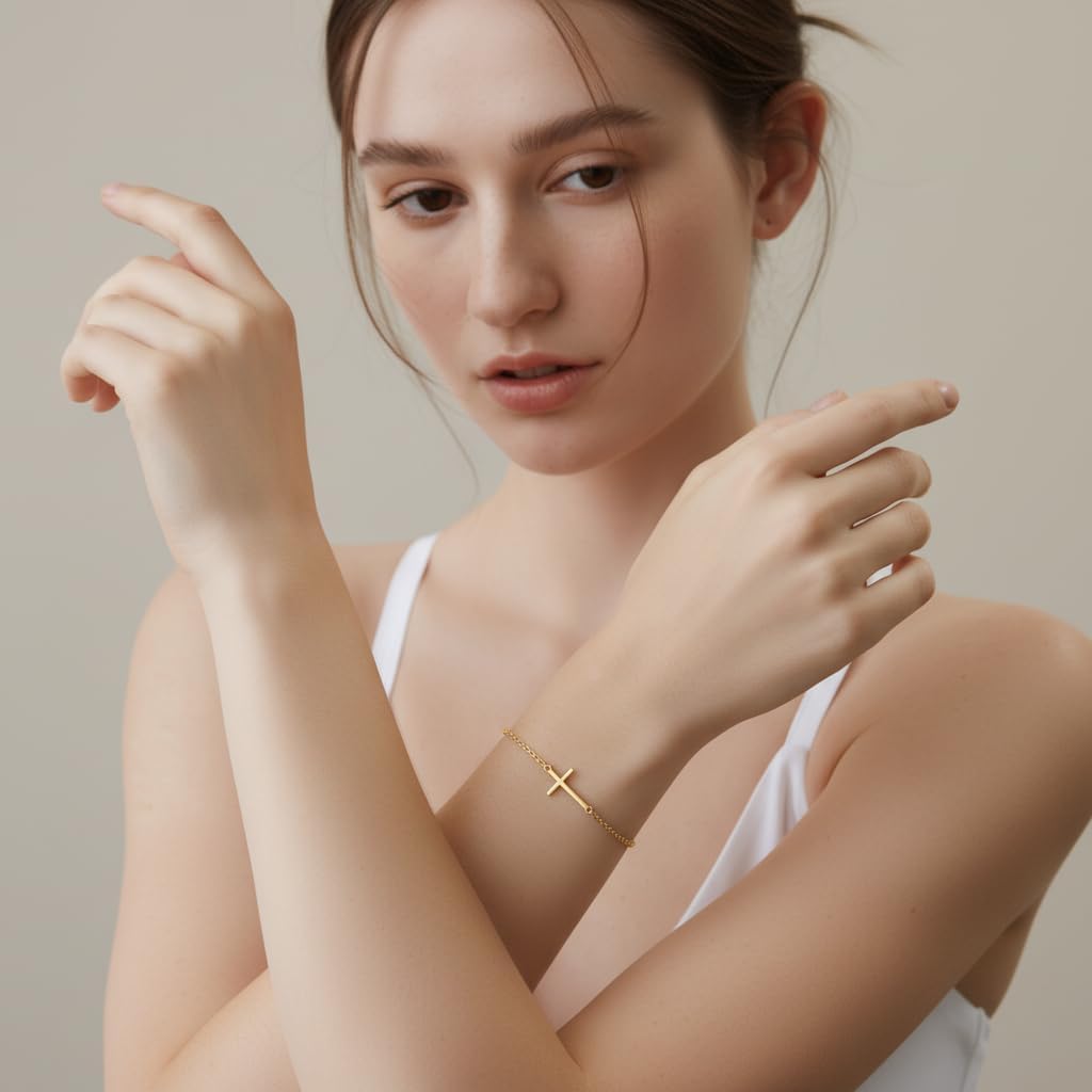 14K Gold Bracelets for Women Gold Bracelet for Womens Reliable Dainty Cross Bracelet for Womens Thin Charm Trendy Cross Bracelets for Women - Image 2