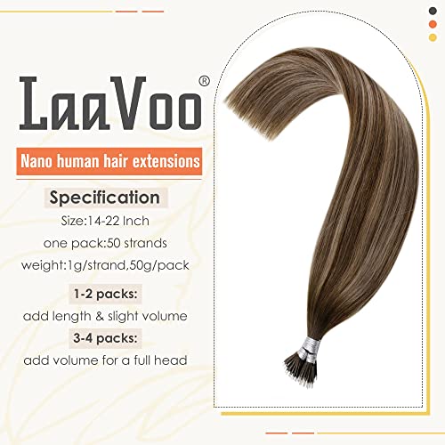 LaaVoo Nano Hair Extensions Real Human Hair Dark Brown Nano Beads Hair Extensions 22 Inch Balayage Ash Blonde Invisible Nano Ring Straight Remy Hair 50g 50s #4/18/4 - Image 2