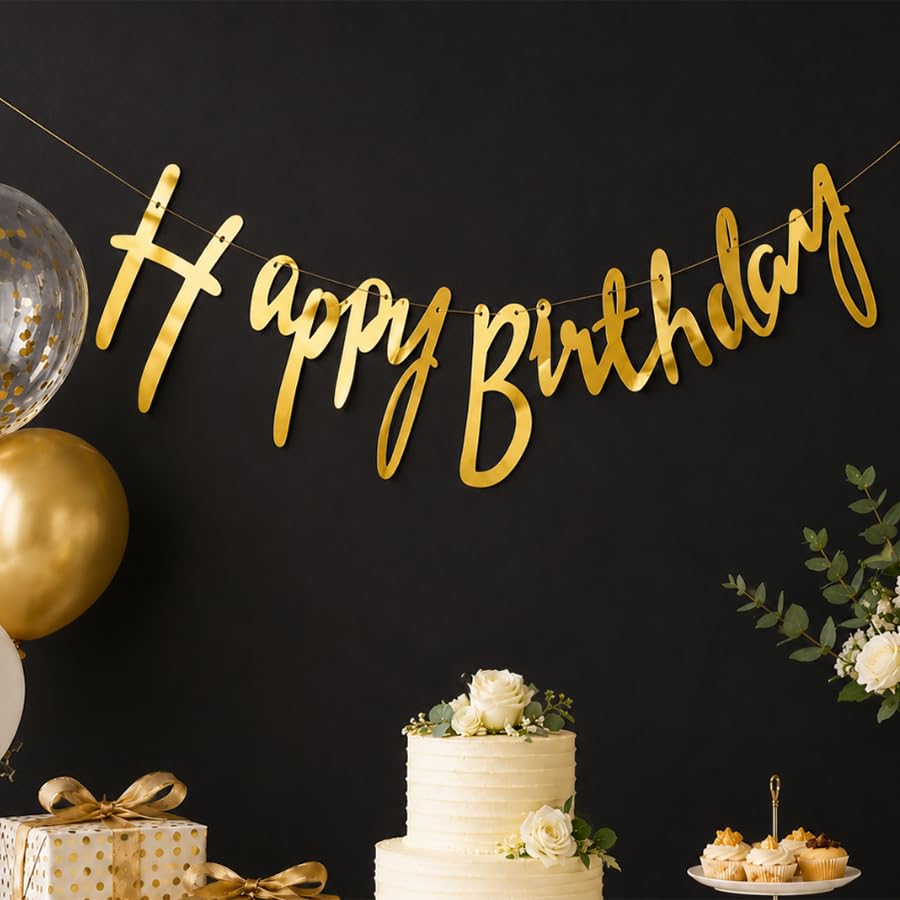 Happy Birthday Banner, Gold font Birthday Bunting Garland, Elegant Minimalist Birthday Party Decorations for Adult Men Women Cake Table Photo Backdrop Supplies