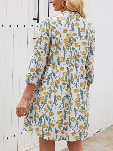 Image of EZAPINE Floral Dress for Women 3 /4 Sleeve Shift Boho Cotton Shirt Dresses | Button Up,Summer,Mini,Above Knee,Casual,for Picnic,Vacation