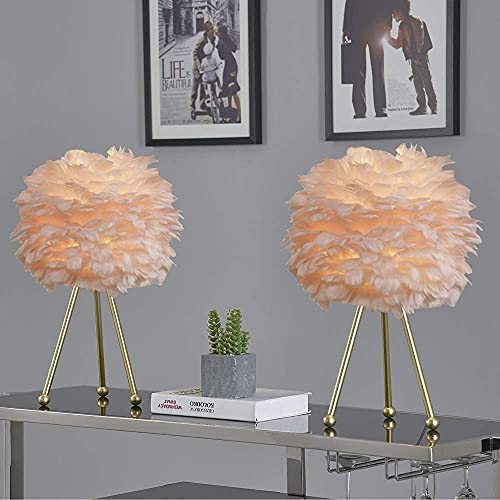 Maxax Table Lamps Set Of 2 Tripod Nightstand Lamp With Gold Finish, Feather Bedside Table Lamps For Bedrooms/Living Room/Dining Room/Kitchen, Pink #TOP7