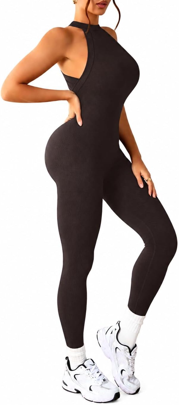 Women's Ribbed Halter Neck Sleeveless Bodycon Jumpsuit | One Piece, Stretch, Workout, Lounge & Daily Wear
