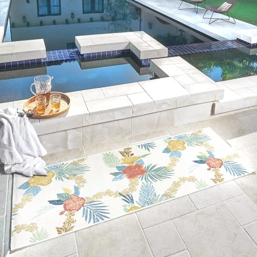 Gertmenian Reyn Spooner Kona Coast Fresco Hawaiian Tropical Rugs - 2x6 Runner, Washable, Stain & UV Resistant Indoor Outdoor Area Rug - Green Ivory Orange Yellow, Laka, 46760