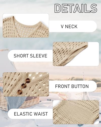 Image of Haloumoning Girls Crochet Swim Beach Cover Up Kids Fashion Button Short Sleeve Swimsuits Cover Ups 5-14 Years