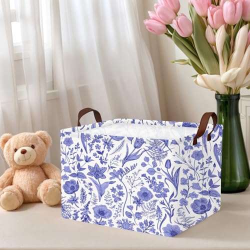 Image of Chinoiserie Rectangle Storage Basket, Blue | Gift Basket Collapsible, Toy Bin, Nursery Playroom Bedroom Decor, Baby Child