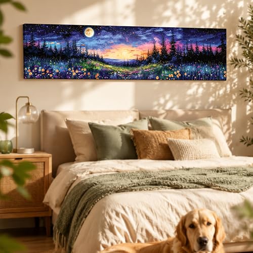 Image of Starry Sky Landscape Stretched Canvas Wall Art Painting for Living Room, Full Moon Mountain Canvas Wall Decor For Livingroom, Bedroom, Office, Hallway's, Hotel 12x46 Inch