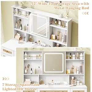 Amerlife 47in rattan makeup vanity desk with mirror and lights modern big vanity table with drawers shelves boho vanity set with rattan door cabinets for women bedroom stool included white  urban country home decor