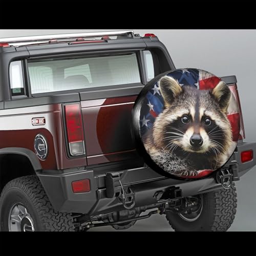 Image of American Flag Raccoon Spare Tire Cover for Rv Trailer Camper Truck SUV - Cute Raccoon Animal Wheel Protectors Cover Waterproof Fabric for Travel Camping Outdoor,Universal Fit,17 inch