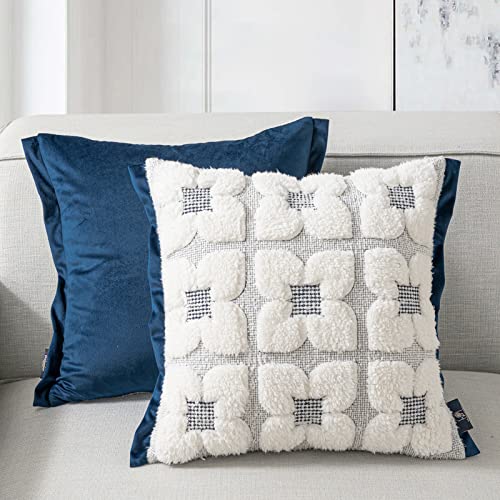 Phantoscope Pack Of 2 Sherpa Solid Throw Decorative Pillow Cover Embroidery Decorative Faux Fur Fluffy Cushion Cases Soft Square Pillow Cases For Bedroom/Couch,Navy Blue,18 X 18 Inches #TOP1