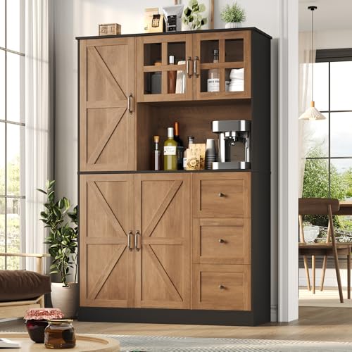 FINETONES Farmhouse Pantry Cabinet, Kitchen Pantry Storage Cabinet with Microwave Stand, Ktichen Hutch Food Pantry Cabinet with Open Countertop and Adjustable Shelf for Kitchen Dining Room