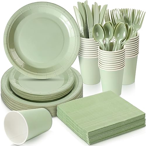 Dandat 350 Pcs Sage Green Baby Shower Party Supplies Include Plates Napkins and Cups Set with Plastic Forks Knives Spoons Bridal Shower Decorations for Wedding Birthday