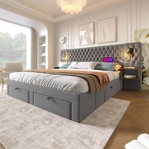 Polsterbett Doppelbett Bettanlage 180x200 cm, Schlafzimmer Komplett Set mit 2x Nachtkommoden und 4 Schubladen, LED Kopfteil Stauraumbett mit Leselicht & USB Ladefunktion, Samt, Ohne Matratze, Grau