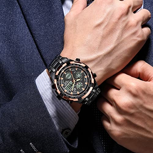 Image of GOLDEN HOUR Luxury Stainless Steel Analog Digital Watches for Men Male Outdoor Sport Waterproof Big Heavy Wristwatch