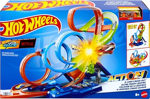 image for Hot Wheels Track Set with 4 Loops, 3-Way Crash Zone & Motorized Booste