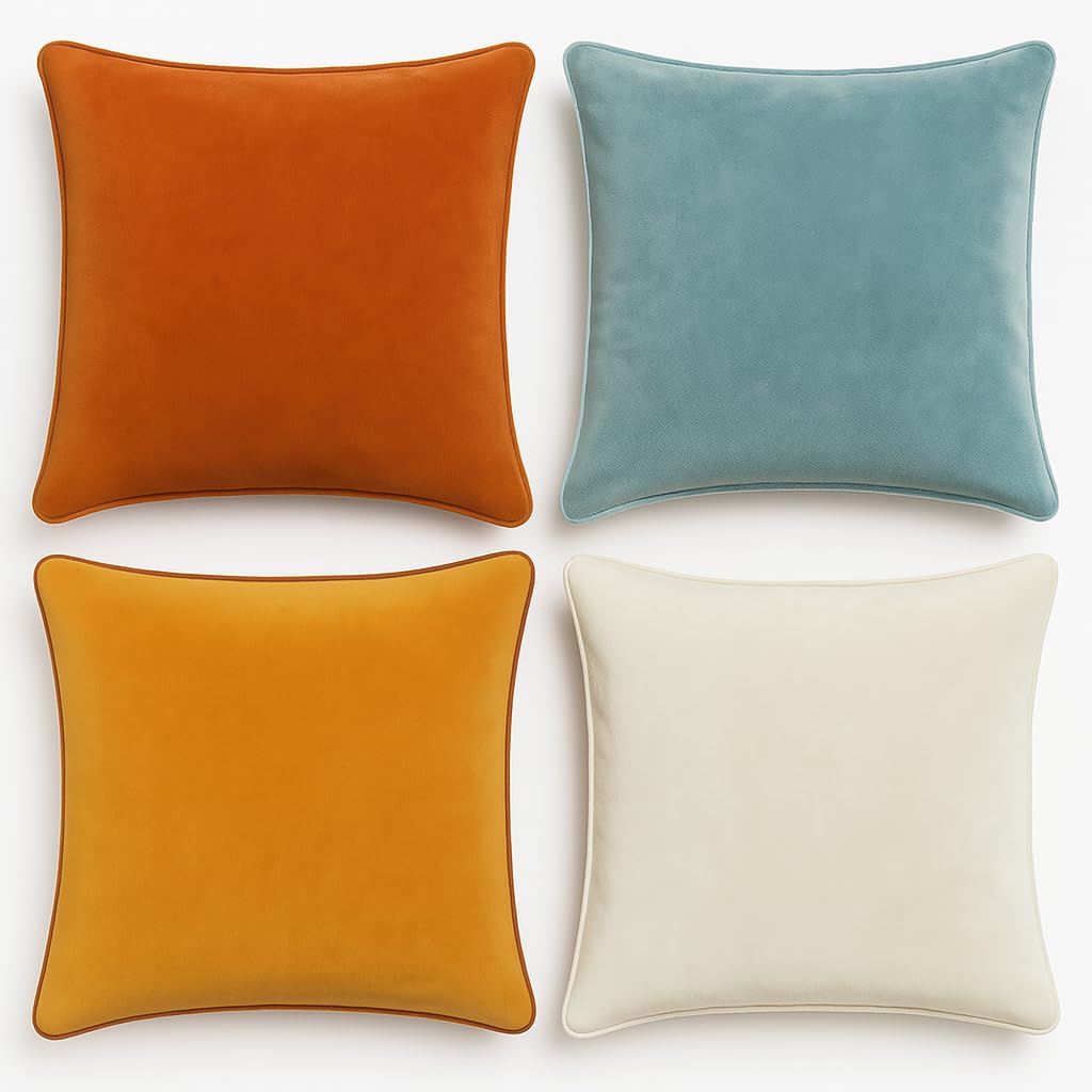 Set di federe in velluto extra morbido con bordo a contrasto. Design moderno e reversibile. Imbottitura non inclusa. (45x45 cm, Arancione, Blu e Bianco, 4)