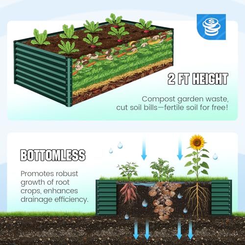Image of Quictent Galvanized Raised Garden Bed 8x4x2 Ft Tall Metal Planter Box for Vegetables Outdoor Bottomless for Backyard, 2 Tomato Cages Included, 22.04 inch Deep, Green