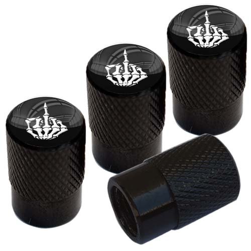TRICKTOPPERS Vivid Black Anodized Billet Aluminum Tire Wheel Valve Stem Dust Caps for Cars Trucks Trailers SUV's RV's Motorcycles Bikes More (Set of 4) Skeleton Skull FU Hand Middle Finger