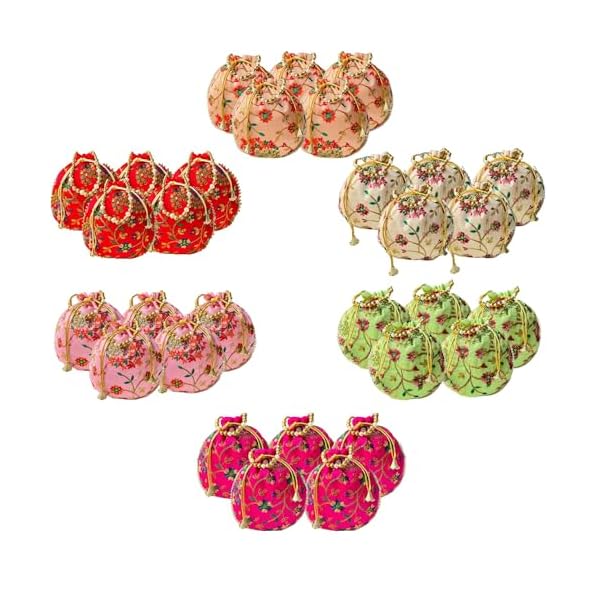 Trendy Crafts- Drawstring Closure Silk Potli | Hand embroidery Thread Work Wristlet for women | Silk Embroidered Women Clutch | Handmade Bridal Batwa | Ethnic Potli Pouches for Return Gift