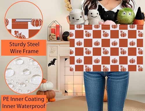 Image of Large Halloween Themed Candy Gift Boo Basket for Kids Baby Personalized Adults Storage Bin Fall Decor(Grid Pumpkin)