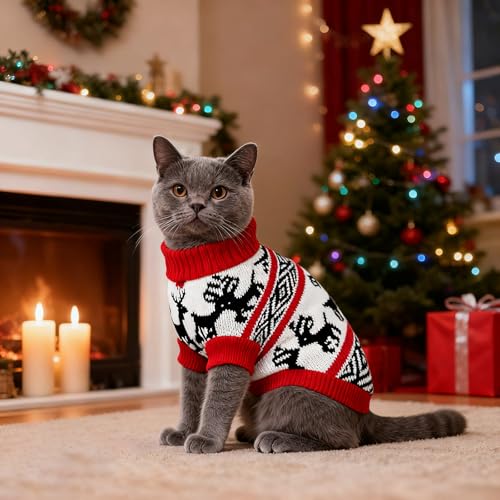 Pull de Noël pour chat : le cadeau idéal | Coffret de 2 pulls en tricot renne et flocon - 4