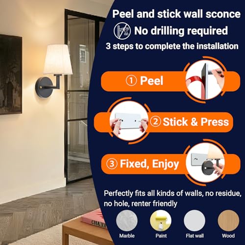 Image of YHCDLAMP Peel and Stick Wall Sconces, No Drilling Stick On Wall Sconce, Wireless Battery Operated Wall Lights, Adhesive Wall Lamp with 10000mAh Battery Bulb for Bedroom Living Room Decor
