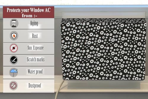 Image of The Furnishing Tree Elastic fit waterproof Polyester window ac cover suitable for Croma 1.5 Ton, Dustproof cover for inner and outer section, In CM: (55.88x71.12x45.72), Floral Pattern White
