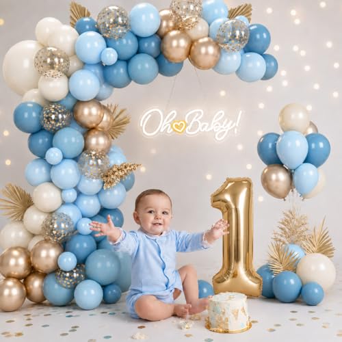 Image of Dusty Blue and Gold Balloons 50 Pcs 12 Inch | Light Blue Champagne Gold Balloons for Baby Boy Shower Bridal Engagement Birthday Wedding Bachelorette Party Decorations