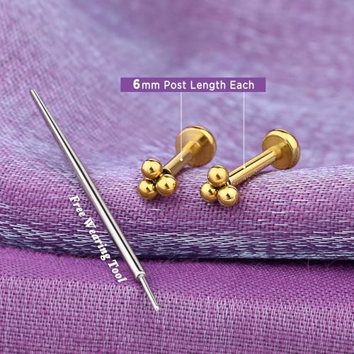 Flat Back Earrings for Women, Helix Tragus Conch Piercing Jewelry, Implant Grade Titanium Earrings, Threadless Nose Studs 18g, Hypoallergenic Cartilage Earring Stud Gold3