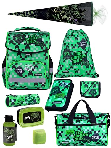 Familando - Basic Plus Schulranzen Set 10-teilig mit Schultüte - Playworld Gaming Pixel - Ergonomisch, stabil & mit gepolstertem Rücken - 850g leicht - 15L Volumen - Mit Reflektoren - Ab 1. Klasse