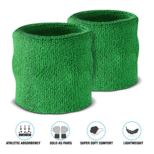 Suddora Wrist Sweatbands, Absorbent and Breathable Thick Cotton Bands for Working Out, Gymnastics, Basketball, Tennis, and Football, Multiuse Wristbands for Costumes and Cosplay (Pair) (Green)