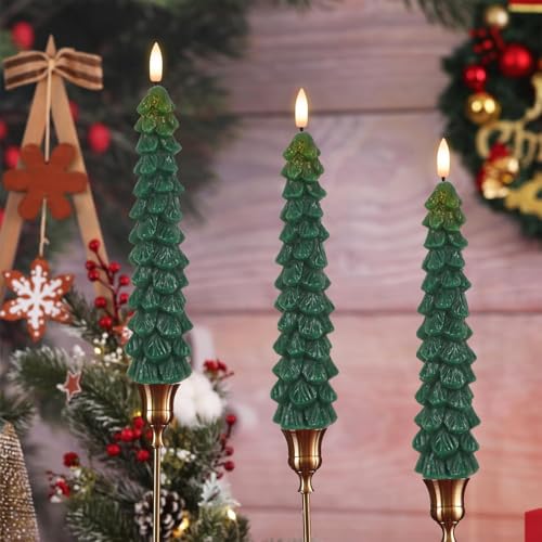 Image of Flameless Christmas Tree Candles, Christmas Tree Candles Battery Operated with Remote, Set of 3 Real Wax LED Taper Candle, 9.8 Inch LED Tree Shaped Candlesticks for Home Decor(0.78 inch x 9.8 inch)