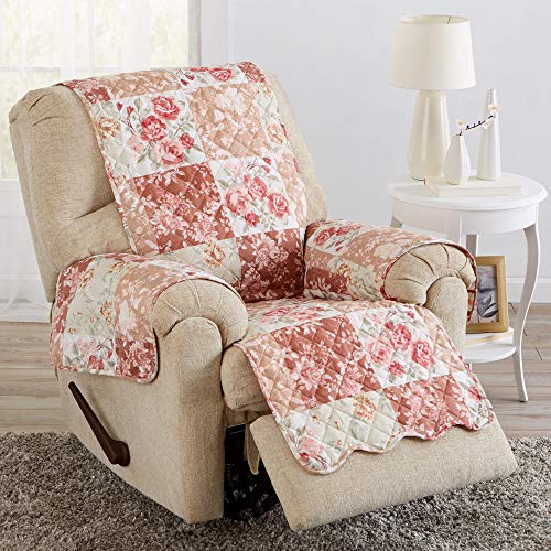 Image of Great Bay Home Reversible Floral Patchwork Recliner Furniture Protector - Machine Washable, Scalloped Edge, Stain Resistant, Printed Furniture Cover for Dogs, Kids, and Pets (Burgundy /Taupe)