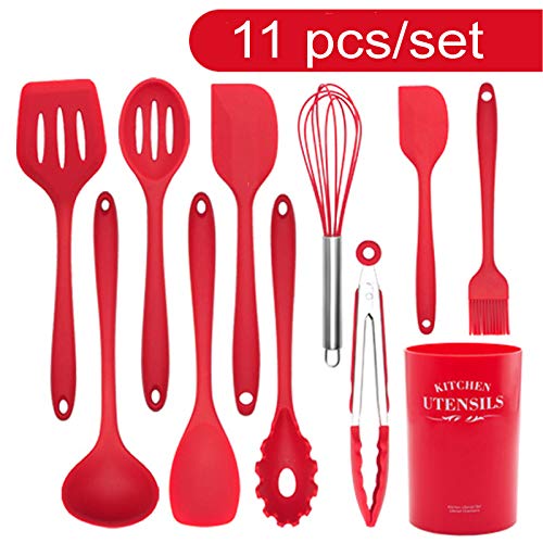 Movie House Silicone Cooking Kitchen Utensils Set, Wooden Handles Cooking Tool BPA Free,Heat Resistant Kitchenware Colorful Non Toxic Kitchen Gadgets Set for Nonstick Cookware (11pcs, red) - Thumbnail 4