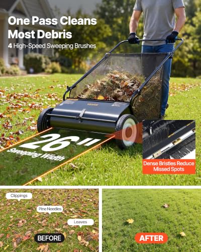 Image of VEVOR Push Lawn Sweeper 26 Inch Leaf & Grass Collector Strong Rubber Wheels | Heavy Duty Thickened Steel Durable to Use with Large Capacity 7 ft Mesh Collection Bag, 4 Spinning Brushes
