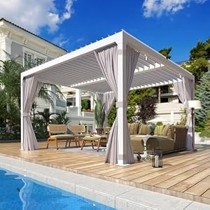YOLENY Louvered Pergola 10×10 All Aluminum Pergola with Adjustable Rainproof Roof Outdoor Pergola with Curtains and Nets for Patio Garden White