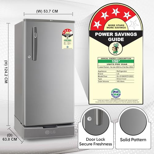Image of LG 185 L 4 Star Direct-Cool Smart Inverter Compressor Single Door Refrigerator (‎‎GL-D199OPZY, Shiny Steel, Base Stand with Drawer)