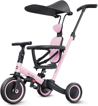 newyoo Tricycle for Toddlers 1-3, Toddler Tricycle with Push Handle and Canopy, Toddler Bike, Birthday Gift and Toys for Girl and Boy, 6 in 1 Baby Trike, Balance Bike, TR009, Pink