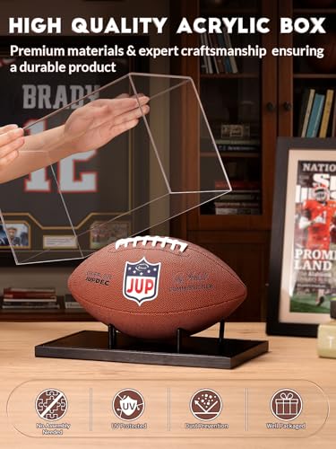 Image of JupDec Football Display Case Full Size, Acrylic Clear Box with Wood Stand, UV Protected Memorabilia Holder, for Football Fans & Collectors, Sports Collectibles, No Assembly Required, Black