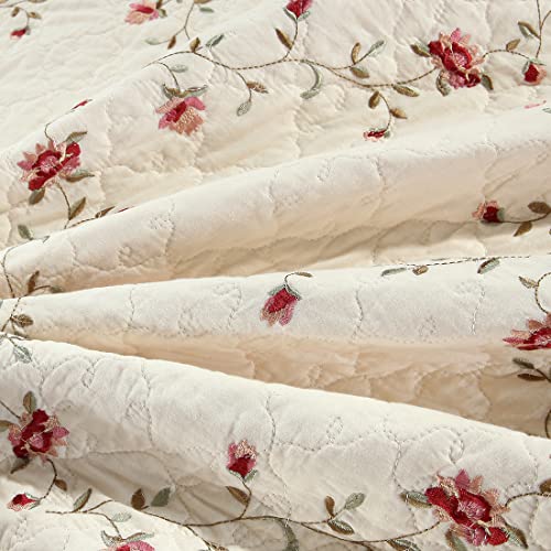 vctops 2-Piece Elegant Floral Embroidered Pillow Shams Queen Size 100% Cotton Quilted Decorative Pillow Shams Set (Cream,20"x28") - Thumbnail 7