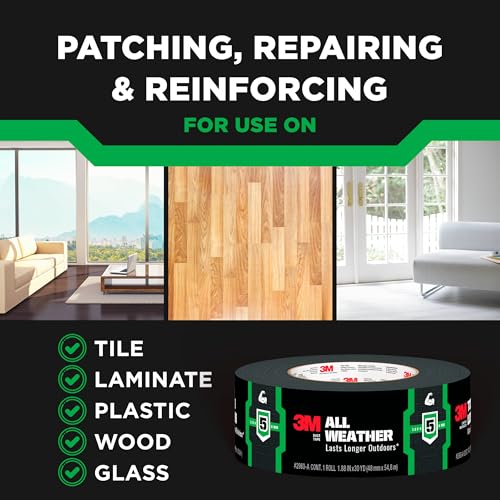 Image of 3M All Weather Black Duct Tape, 1.88 in x 30 yd, UV /Water Resistant, Stands up to Heat, Sunlight, Rain, Sleet & Snow, Great for Patching, Reparing Outdoor Items and Reinforcing Tools (2530-BK-3PK)