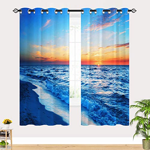 Anhope Beach Blackout Curtains, Ocean Tropical Landscape Hawaiian Sunset Sea Waves Scenery Pattern Grommet Thermal Insulated 3D Print Curtains For Bedroom Living Room Home Decor 2 Panels W29.5 X L65 #TOP2