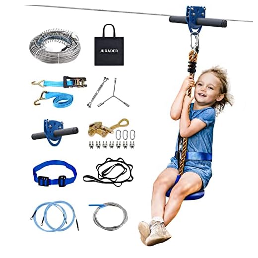Jugader 160FT Zipline Kits for Backyard with 100% Stainless Steel Cable, Zip Lines for Kids and Adults Outdoor with Cable Tensioning Kit, Upgraded Safety Seat with Adjustable Harness & Belt