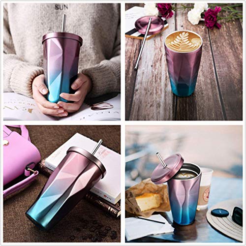 Taza de café con pajita de acero inoxidable aislada al vacío para oficina, 473 ml Rosa y azul. - Imagen 3